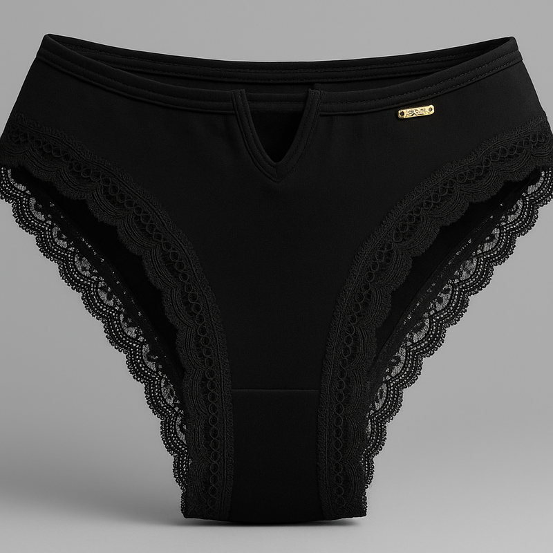 Vera Ónix – Panty (trusa) bikini negro con encaje y escote V, tiro medio