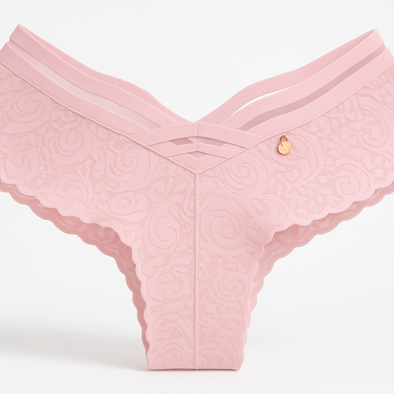 Tríada Blush – Tanga (colaless) rosa palo con tiras en V y encaje jacquard, invisible